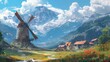 Giant windmill in abandoned town with beautiful mountains scenery, medieval world