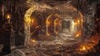 Mystical medieval catacombs with torches. Highly detailed 3d digital art style