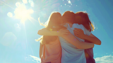 Three teenagers two girls and a boy between them hugging their shoulders in the sun in the blue sky in spring macro rear view from the back : Generative AI