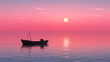  a single small boat is silhouetted against the pink hues of the sunrise