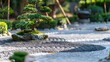 Tranquil Zen Garden of Raked Gravel and Bonsai Trees Symbolizing Peace and Mindfulness