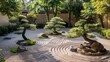 Tranquil Zen Garden Escape Peaceful Raked Gravel and Miniature Bonsai Trees