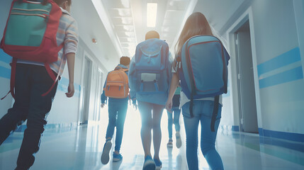 Poster - Back to school A group of schoolchildren with backpacks walk along the school corridor during recess Education and science concept : Generative AI