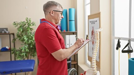 Wall Mural - A mature man with glasses and a badge stands writing in a physical therapy clinic, showcasing healthcare professionalism.