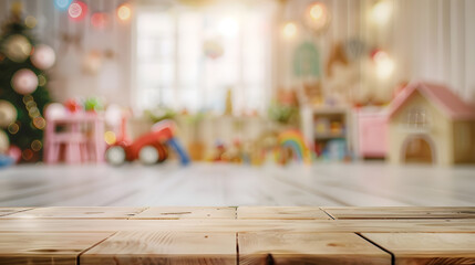 Fototapete - Empty wood table over blur background of childrens room with kid toys Product display presentation : Generative AI