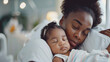 © Generative AI - Close up portrait of beautiful young African American  mother holding sleep newborn baby in hospital bed room Healthcare medical love black afro woman lifestyle mothers day breast with : Generative AI