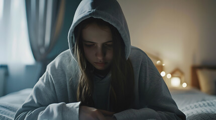 Wall Mural - Sad teen girl wears hood sitting on bed feels depressed and lonely worried of problem at school Upset antisocial adolescent teenager suffering from pain thinking of suicide crying alon : Generative AI