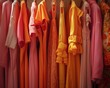 A variety of clothes are hanging on a rack in a store The clothes are mostly shades of orange and pink