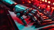 Create a professional cinematic image of a robotic hand playing a synthesizer in a dark room with red and blue lights