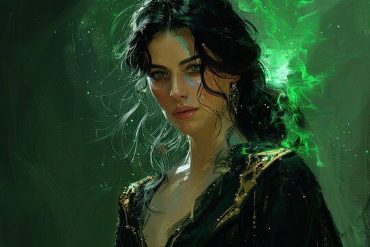 Enchanted Serenity: Sorceress in Black Robe Casting Spell Under Green Glow