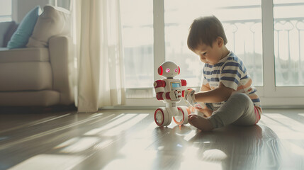 Poster - Happy child with toy robot Funny kid playing at home Education creative artificial intelligence and innovation technology concept : Generative AI