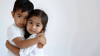 Cute little Indian asian siblings standing and embracing each other in white clothes while standing againstwhite background : Generative AI