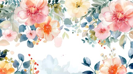 Sticker - Watercolor colorful spring floral Pastel Leaves and flowers elements isolated on background, bouquets greeting or wedding card decoration.