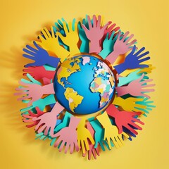 Wall Mural - World Population Day. A colorful paper cut out of hands surrounding the earth. World day as diverse cultures and multiculturalism society.