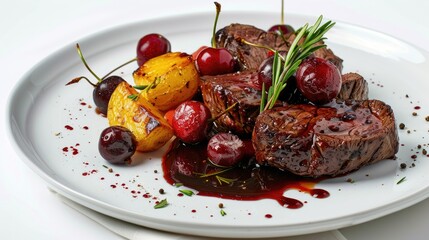 Poster - Grilled beef with berries fried potatoes and cherries in sweet honey sauce on a white plate against a white backdrop