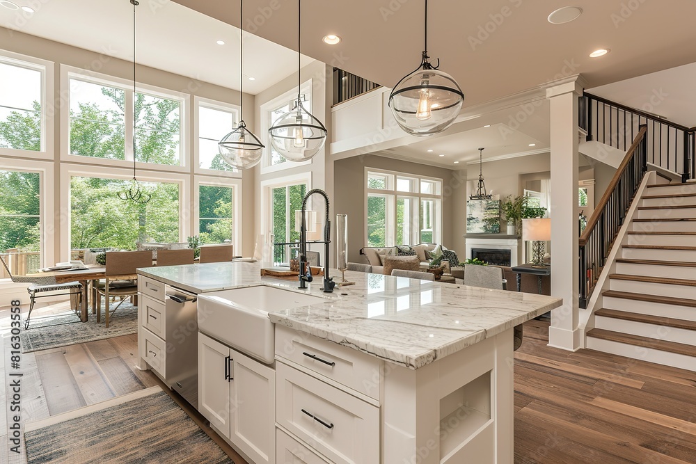 Kitchen and living room interior in new luxury home with open concept ...
