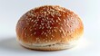 Intimate view of a classic burger bun, soft texture and sesame seeds clearly visible, perfect for showcasing its traditional appeal, isolated background