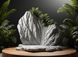 Product background, light marble pedestal and tropical plants in the background