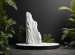 Product background, light marble pedestal and tropical plants in the background