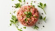 Fresh ground chicken viewed from above, perfect for making lean and healthy burgers, isolated background with studio lighting for clarity