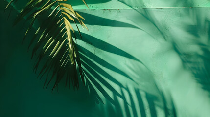 Poster - Palm leaf shadow on a green wall background Olive color stylish flat lay with trendy shadow and sun light : Generative AI
