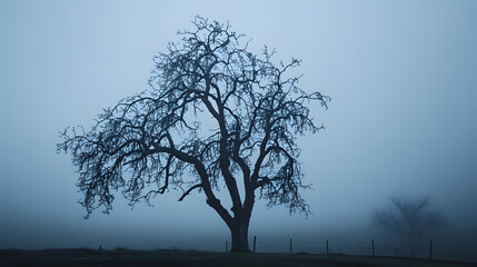 Aufkleber - Silhouette of a bare Almond tree on a foggy overcast day creates a moody and ominous atmosphere : Generative AI