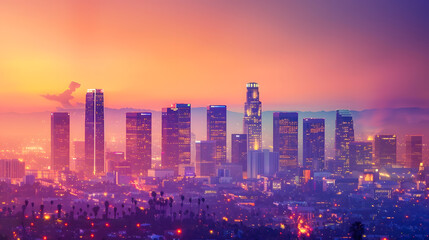 Poster - the skyline of los angeles during sunset : Generative AI