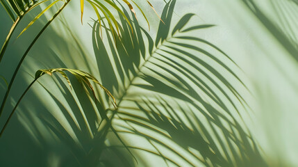 Poster - Palm leaf shadow on a green wall background Olive color stylish flat lay with trendy shadow and sun light : Generative AI