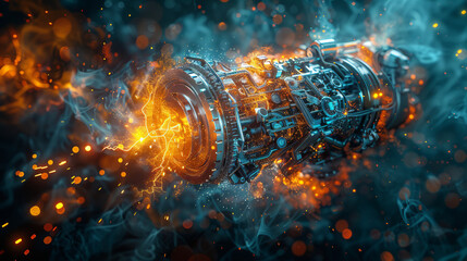 A vibrant, high-tech image of a futuristic mechanical energy core with glowing elements and sparks.