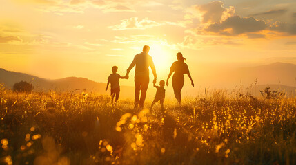 Wall Mural - Silhouette of happy family walking in the meadow at sunset  Mother father and child son having fun outdoors enjoying time together  Family love mental health and happy lifestyle concep : Generative AI