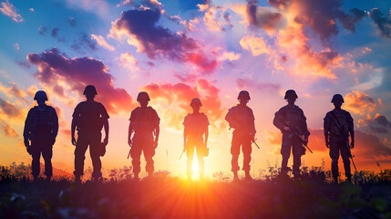 Six military silhouettes on sunset sky background : Generative AI