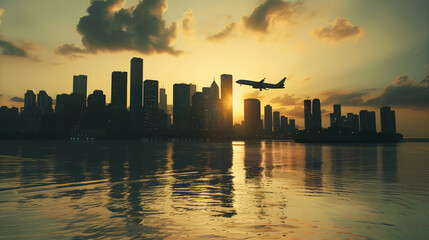 Aufkleber - Urban landscape with silhouettes of skyscraper buildings and a city with a plane taking off in the sky in the foreground of a yacht in the bay : Generative AI