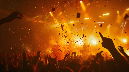 Poster - A crowded concert hall with scene stage orange and yellow lights rock show performance with people silhouette colourful confetti explosion fired on dance floor air during a concert fes : Generative AI