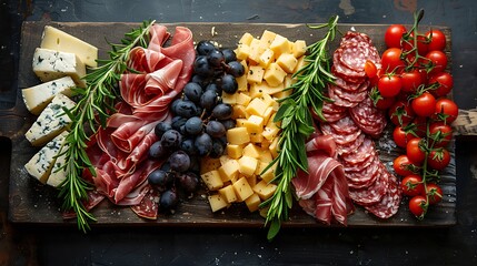 A closeup of Meat and cheese charcuterie board