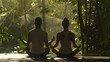 © Generative AI - Man woman couple practices yoga and meditates in green nature setting Concept of meditation dreaming wellbeing and healthy lifestyle : Generative AI