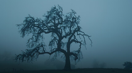 Aufkleber - Silhouette of a bare Almond tree on a foggy overcast day creates a moody and ominous atmosphere : Generative AI