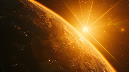 Aufkleber - Planet Earth dawn sunset from space Silhouette planet earth in rays of sun against background of space stars and galaxies 3D render : Generative AI