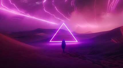 Poster - Modern futuristic neon abstract background Large triangle glowing purple object in the center of sand dune and lonely woman silhouette walking in the desert Dark scene with neon light  : Generative AI