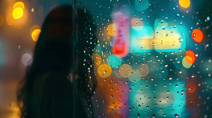 Aufkleber - View through glass window with rain drops on blurred  silhouette of a girl on a city street after rain and colorful neon bokeh city lights night street scene Focus on raindrops on glas : Generative AI