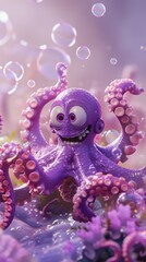 Wall Mural - Cheerful purple cartoon octopus with bubbles