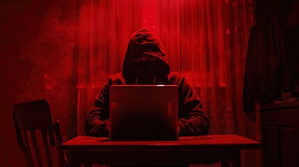 Wall Mural - A hacker in a hoodie sits at a laptop