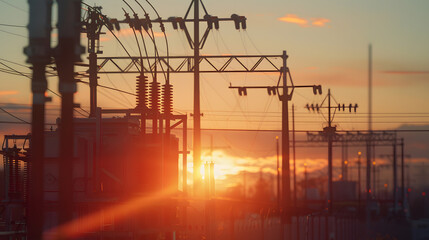 Wall Mural - Electrical substation and power lines at sunset : Generative AI