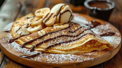 Sticker - Banana chocolate crepe served with vanilla ice cream on a wooden platter