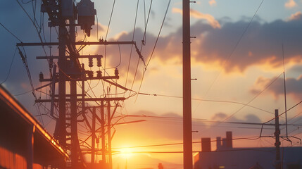 Poster - Electrical substation and power lines at sunset : Generative AI