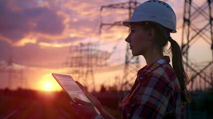 Aufkleber - Electrician in outdoors Electric lines of high voltage at sunset Woman engineer power engineer in helmet checks power line using computer tablet online Distribution and supply of elect : Generative AI