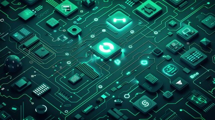 Aufkleber - Detailed digital rendering of a green circuit board with illuminated electronic components and connections.
