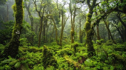 Wall Mural - Immerse yourself in the lush green forest where trees are cloaked in moss acting as a natural carbon capture system Through sustainable forest management these trees tirelessly absorb carbo