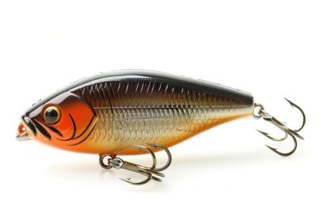 realistic brown crankbait fishing lure with bright orange belly isolated on white