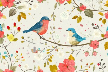 Wall Mural - seamless floral pattern with colorful birds and delicate flowers vector illustration