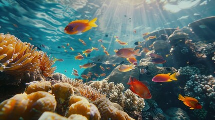 beautiful ecosystem under the sea with beautiful fish and various coral reefs.